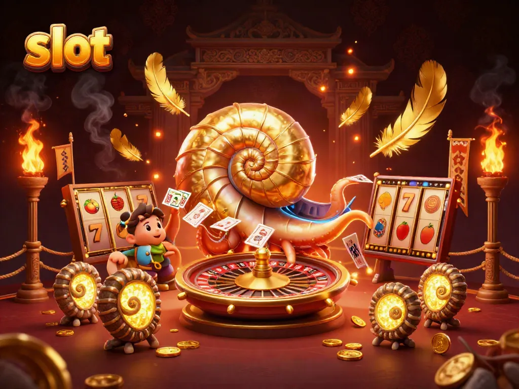 Memenangkan slot dengan karakter nautilus dan simbol keberuntungan dalam suasana kasino yang megah.