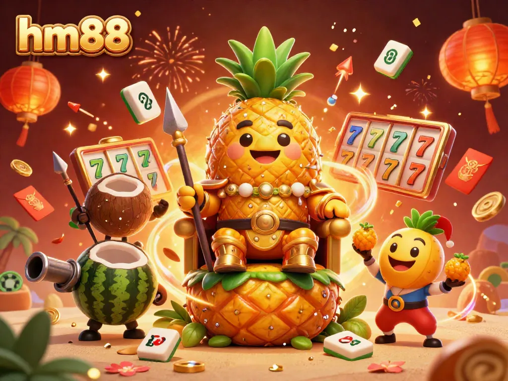 Play slots at hm88 with festive casino characters amid vibrant symbols and celebrations.