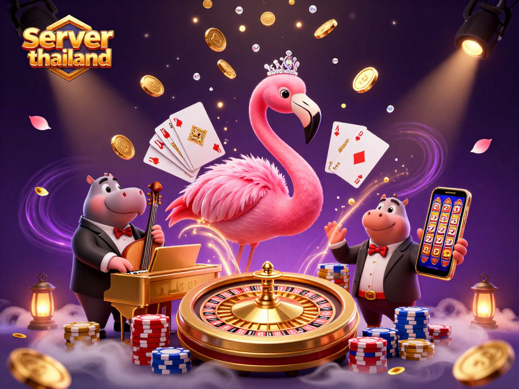 Experience the thrilling vibe of server thailand with vibrant casino elements like golden coins and roulette wheels.