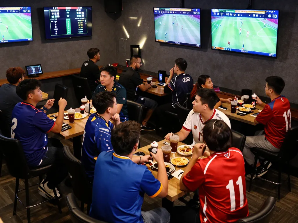 Engaged fans excitedly betting on god55 sports during a live game in a vibrant sports bar atmosphere.
