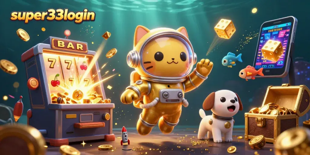Experience the thrill of super33login with a dynamic scene featuring a cartoon space cat and robot dog amidst a jackpot explosion.