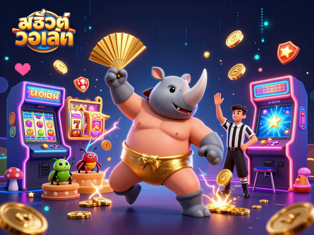 Experience the excitement of สล็อตวอเลท with a vibrant 3D illustration showcasing a sumo beetle champion and slot machines.