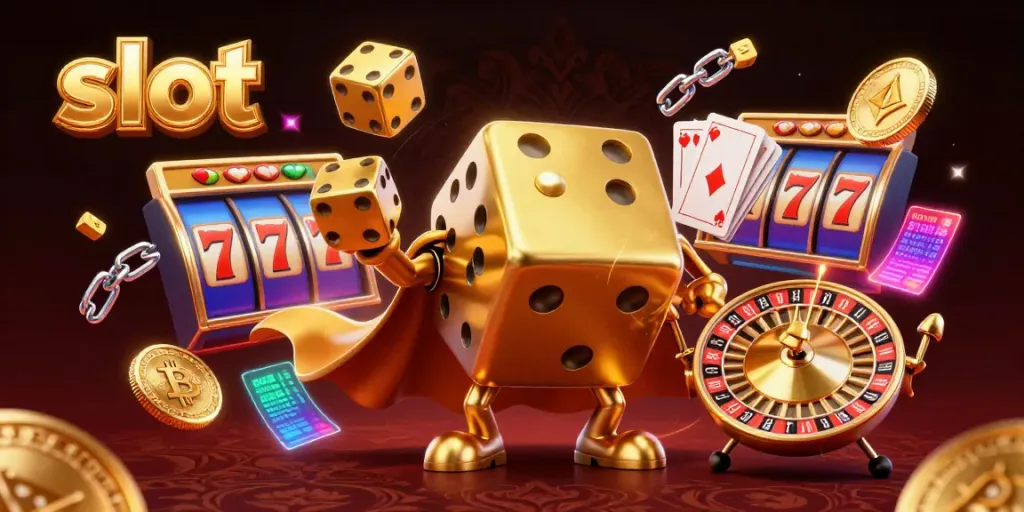 Engage with thrilling slot gameplay featuring animated 3D dice and neon crypto elements.