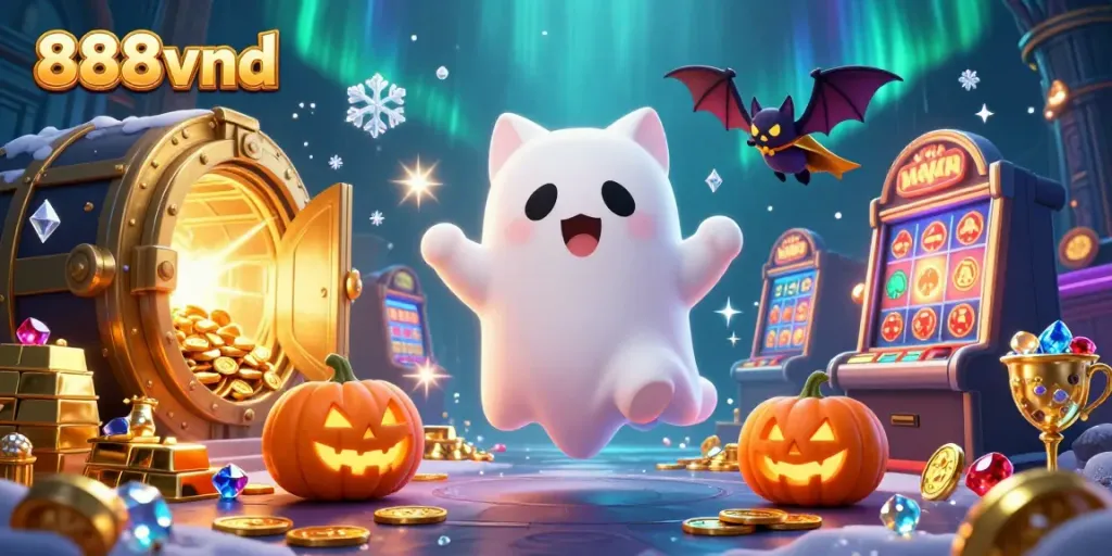 Experience thrilling gameplay with 888vnd as a ghost cat and bat explore a casino.
