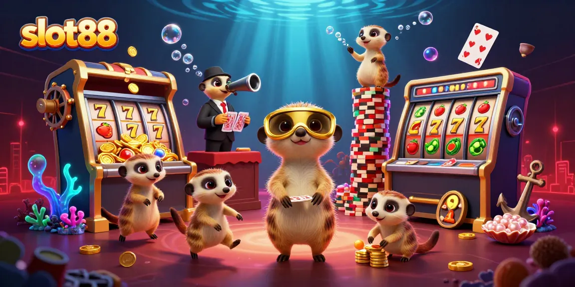 Enjoy thrilling gameplay in slot88 with our colorful 3D meerkat casino adventure illustration.