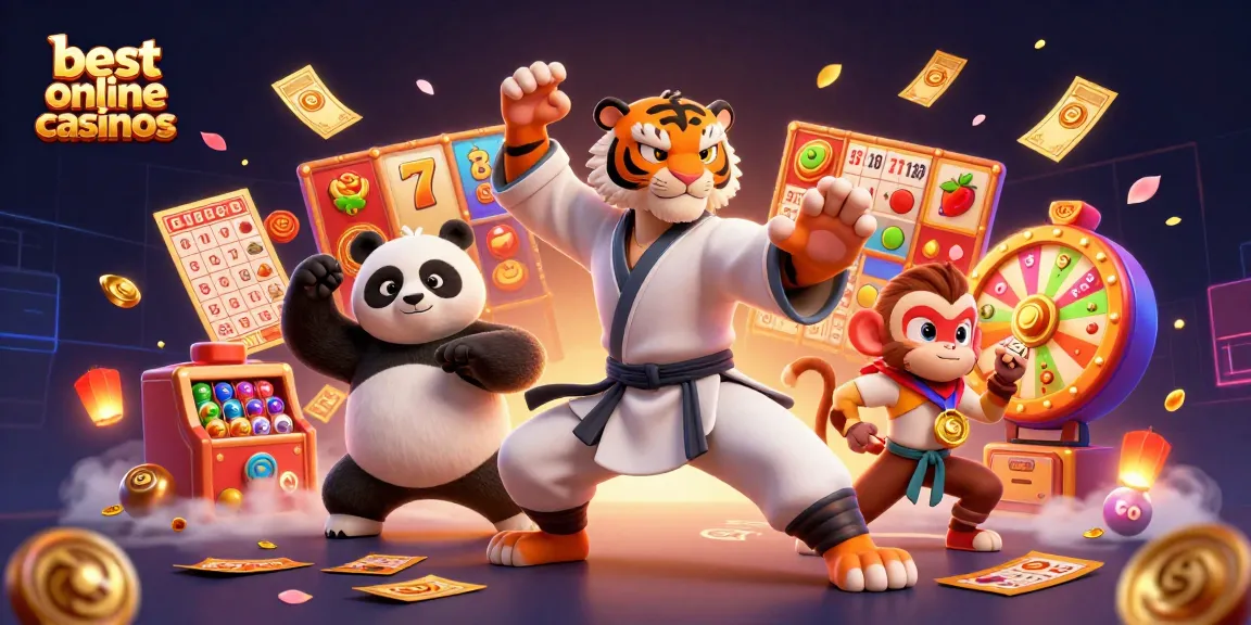Experience the thrill of best online casinos with colorful slot reels and cartoon characters celebrating wins.