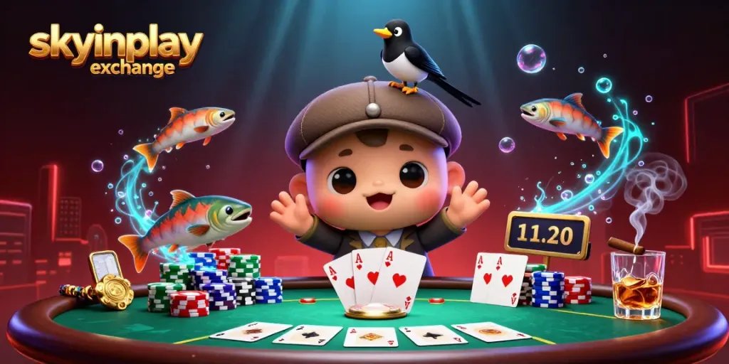 Engage in dynamic poker action with skyinplay exchange featuring playful Nessie and poker-themed elements.