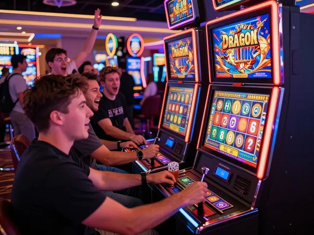 Excited players at a Dragon Link slot machine in a lively casino, experiencing the thrill of link slot gaming.