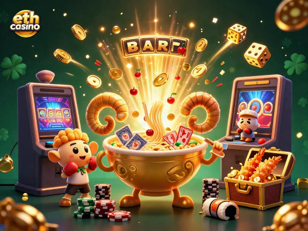 Experience the excitement of eth casino with a vibrant scene of characters and gaming elements.