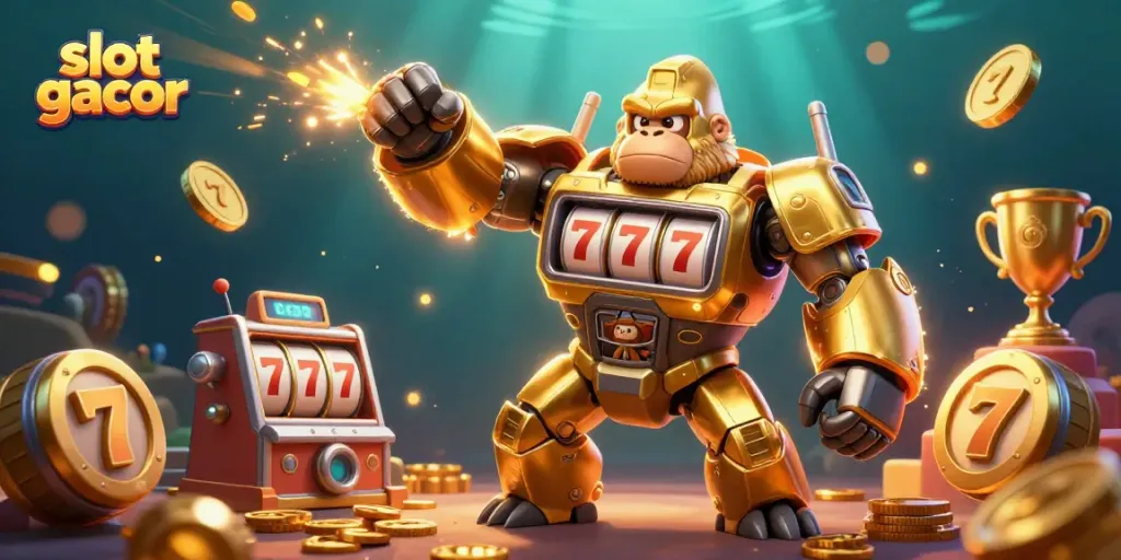 Experience the excitement of slot gacor with a dynamic 3D scene featuring a golden gorilla mech and slots.