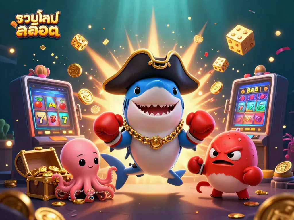 Engage in thrilling action with รวมเกมสล็อต as a cartoon shark navigates a vibrant casino scene.