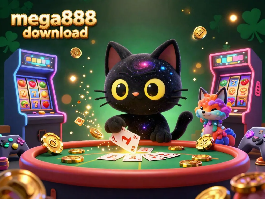 Experience the excitement of mega888 download with a vibrant casino scene featuring a cosmic cat and fox.