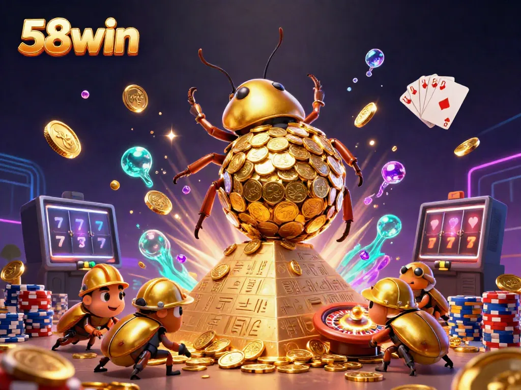 Experience the thrill of 58win with a dazzling scene of golden beetles and casino elements.