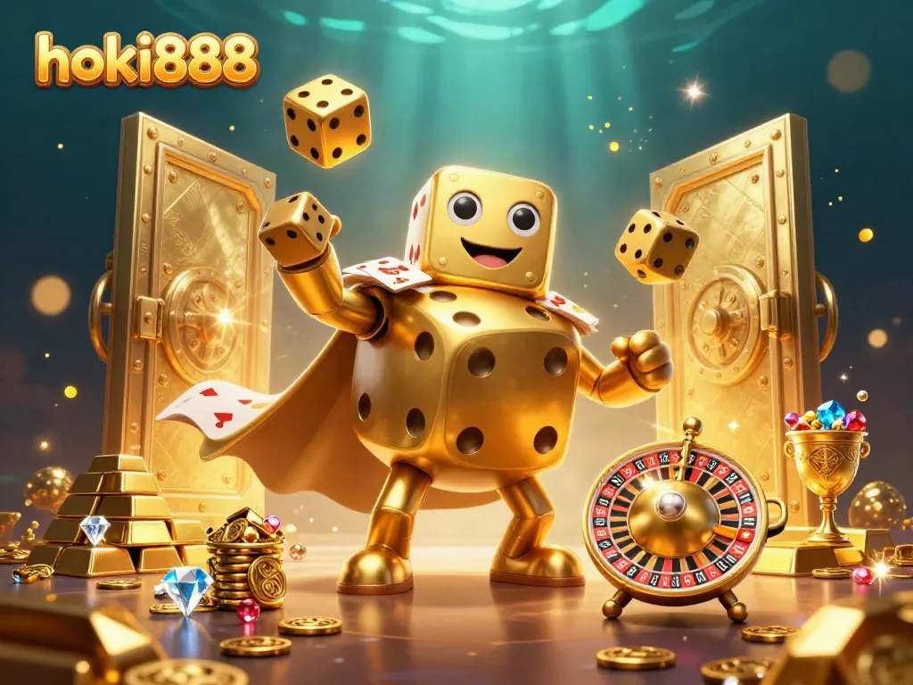 Hoki888 menampilkan ilustrasi kasino dengan golem dadu emas dan variasi simbol kasino yang berkilau.
