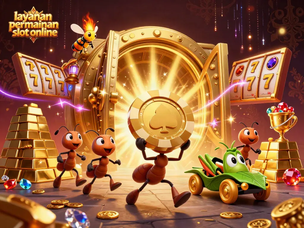 Menangkan layanan permainan slot online dengan simbol jackpot dan keberuntungan dalam ilustrasi 3D yang menarik.