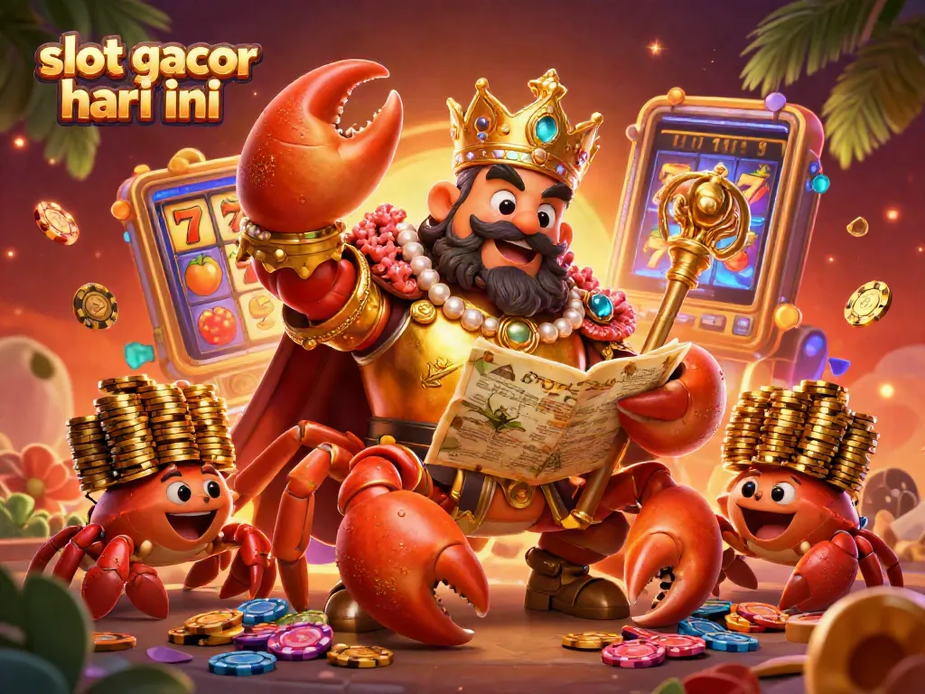 Permainan slot gacor hari ini dengan kepiting emas dan simbol keberuntungan yang meriah.