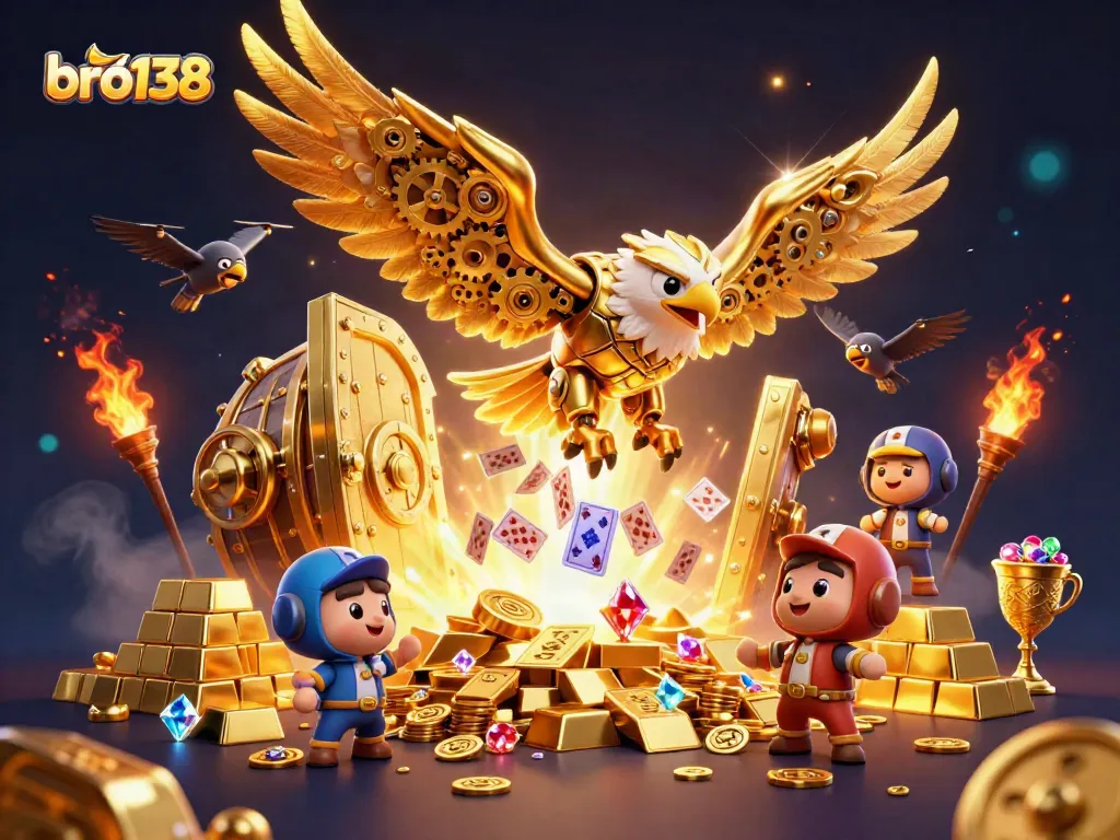 Experience the thrill of bro138 as the golden eagle dives through vibrant playing cards amidst a treasure-filled scene.
