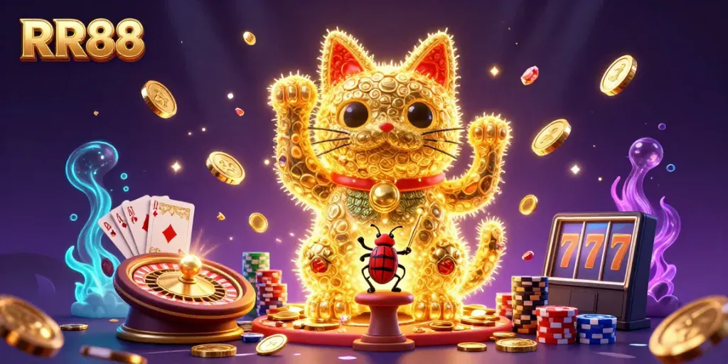 Experience the excitement of RR88 with vibrant 3D golden fireflies and casino symbols in a dynamic scene.