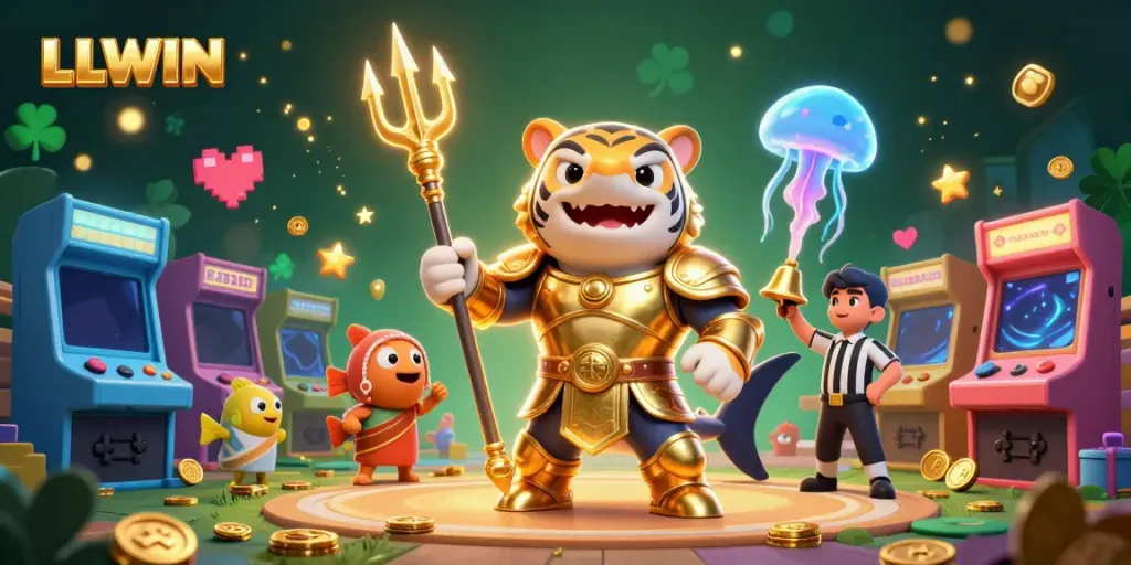 Experience the thrill of LLWIN as the tiger shark battles in an underwater casino colosseum with vibrant gaming elements.