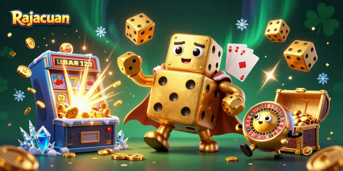Dadu emas berkilau yang digulirkan di Rajacuan, meraih jackpot dalam permainan kasino.