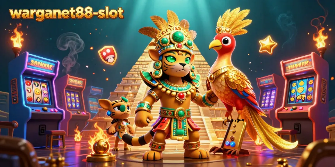 Engage with warganet88-slot's vibrant 3D illustration showcasing Mayan characters, slot machines, and casino elements.