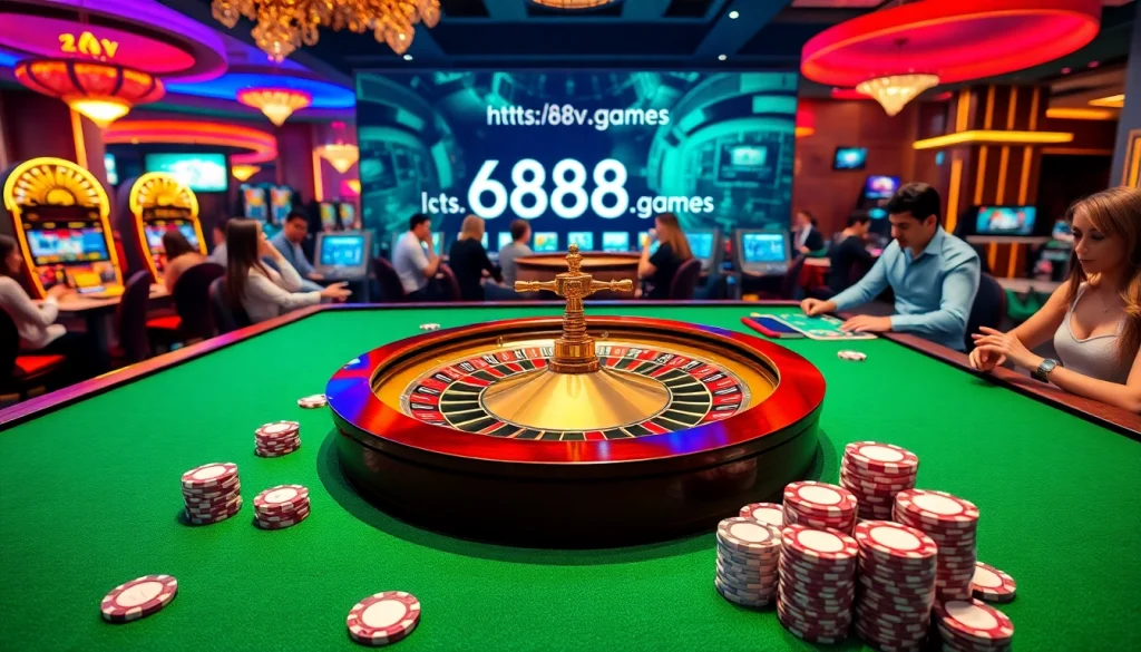 Engage in exciting gambling action at https://688v.games/ with a luxurious casino table scene featuring poker chips and a roulette wheel.