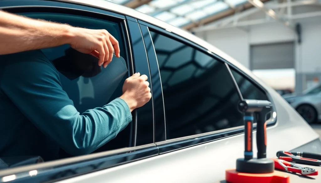 Professional technician performing window tinting Cleveland TN on a sleek car under bright sunlight.