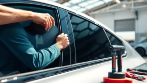 Professional technician performing window tinting Cleveland TN on a sleek car under bright sunlight.