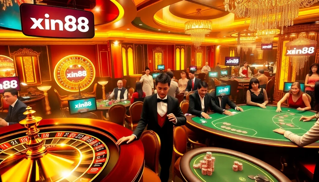 Players enjoying a thrilling casino experience at xin88 with roulette tables and poker games.