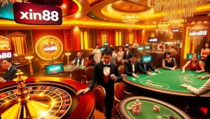 Players enjoying a thrilling casino experience at xin88 with roulette tables and poker games.