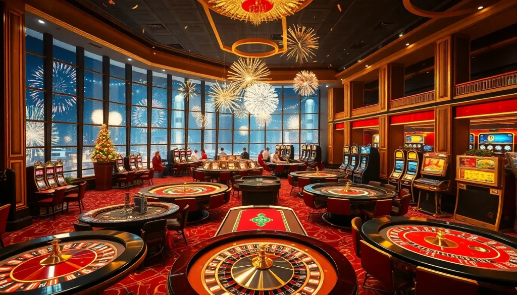 BRO138's thrilling New Year's Eve casino scene showcasing festive gambling excitement with roulette, cards, and joyous players.