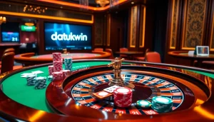 Berinteraksi dengan Datukwin di kasino yang dinamis, menampilkan roulette, chip poker, dan antarmuka online.