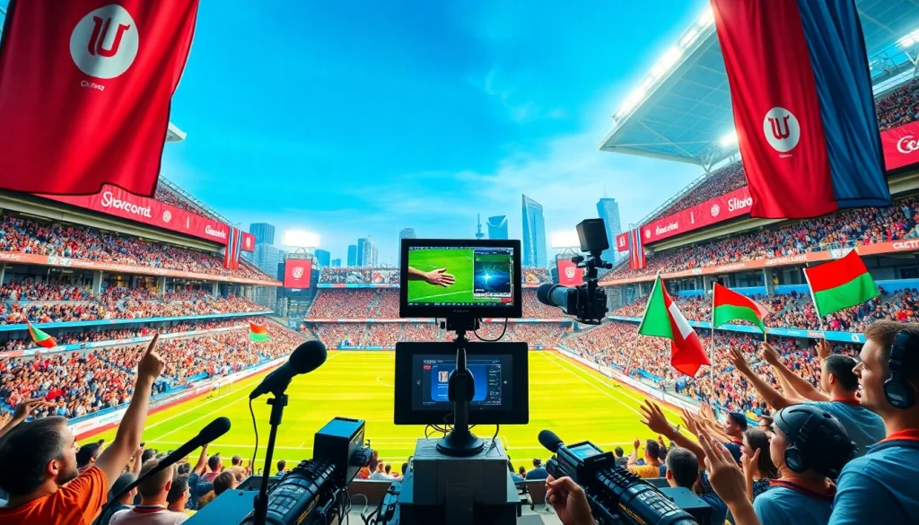 Engaging sports broadcasting scene with lively fans and high-tech equipment.