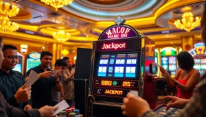 Players winning big at a slot gacor hari ini, celebrating with poker chips and excited expressions.