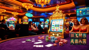 Experience the excitement of gambling with QQMACAN's vibrant casino scene featuring slot machines and chips.