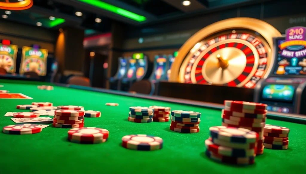 Pahala4d casino scene showcasing a luxurious gaming table with poker chips and cards.