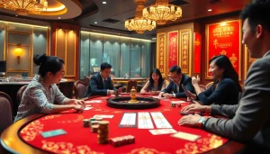 Togel China gaming table with vibrant chips and excited players enjoying the game.