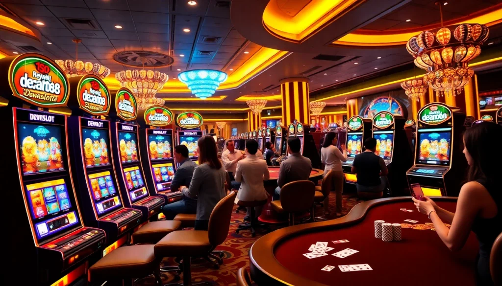 Dewaslot88 players celebrating wins at vibrant slot machines in a luxurious casino setting.