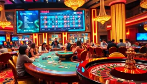 Playing at nhà cái TR88 in a vibrant, luxurious casino setting with exciting gaming activities.