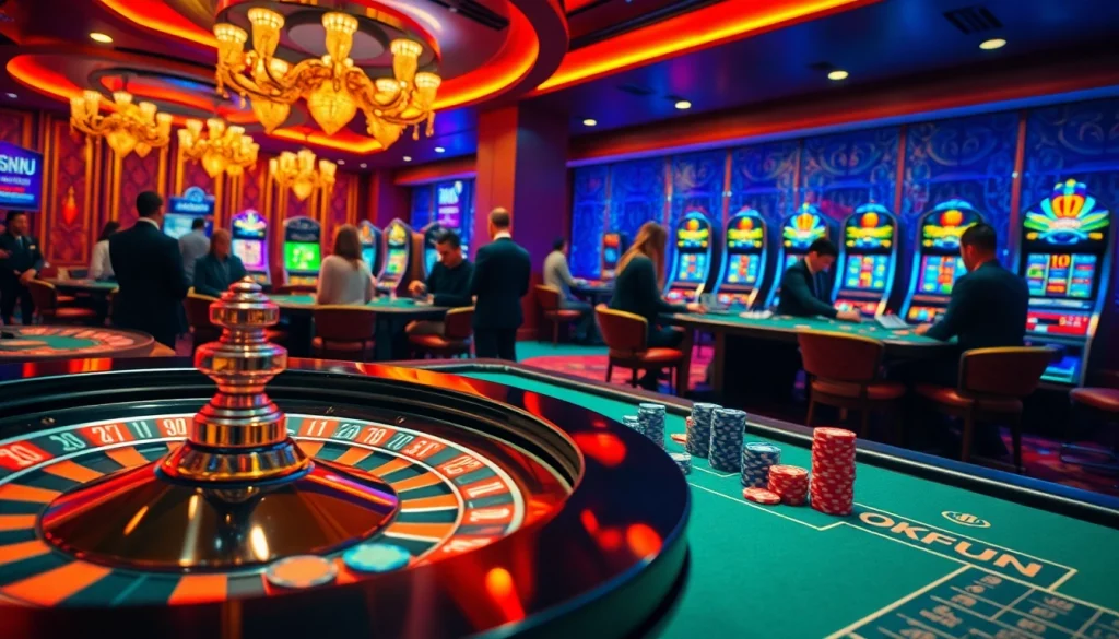 OKFUN gaming experience with vibrant casino ambiance featuring roulette, poker chips, and digital interfaces.