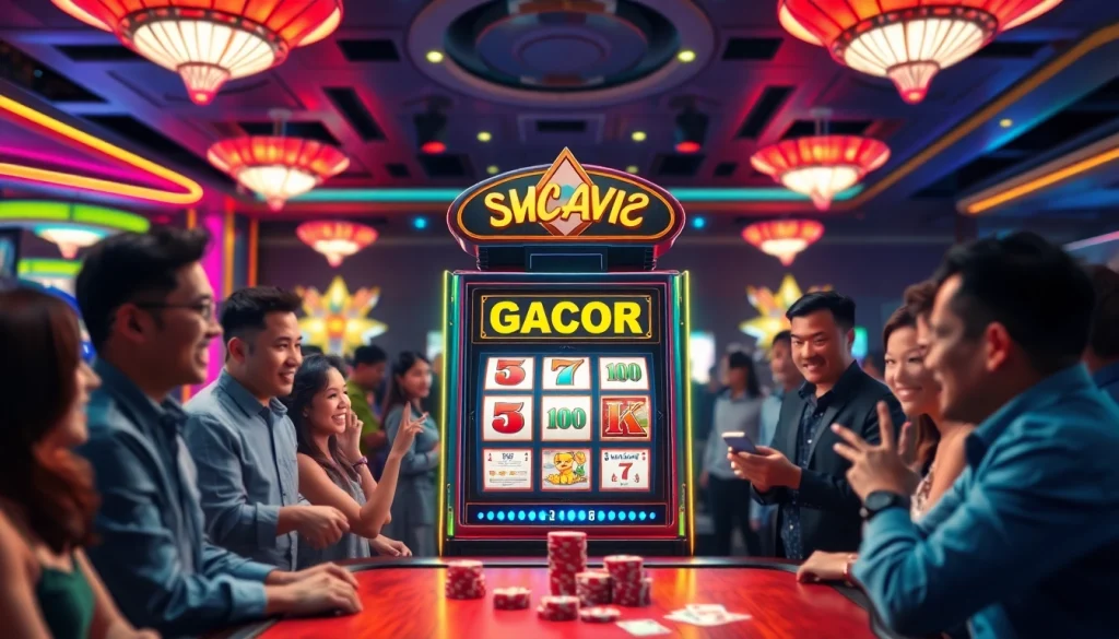 Excited players engaging with the 'slot gacor hari ini' luxury gaming experience in a lively casino atmosphere.