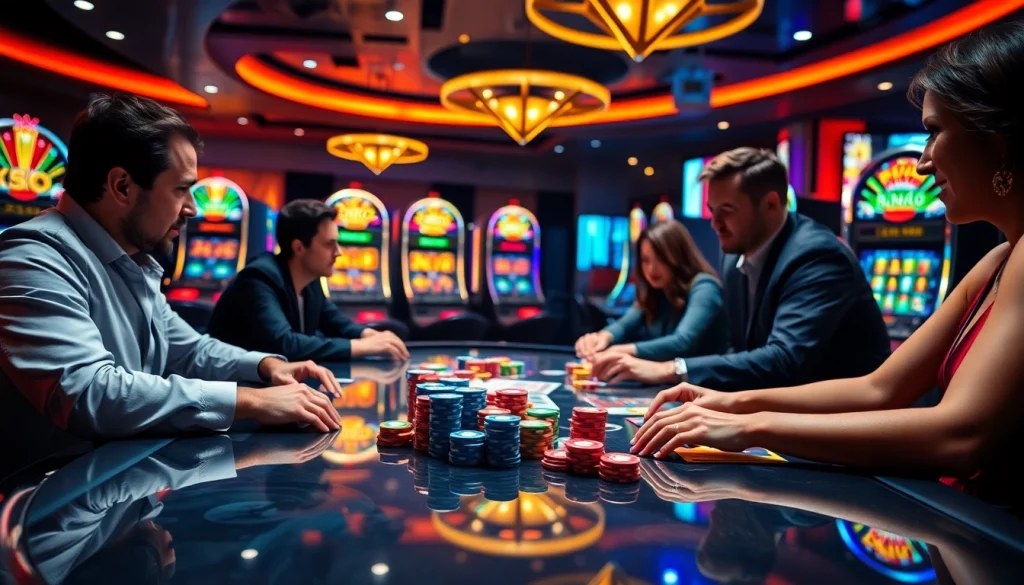Players enjoying poker at a vibrant xoso66 casino, surrounded by colorful slot machines.