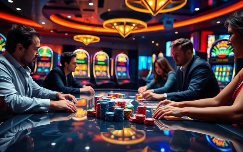 Players enjoying poker at a vibrant xoso66 casino, surrounded by colorful slot machines.
