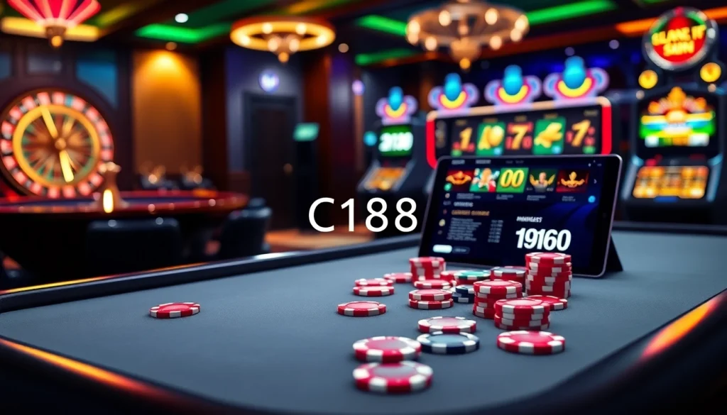C168 offers an immersive online casino experience with vibrant gameplay, featuring poker tables and slot machines.