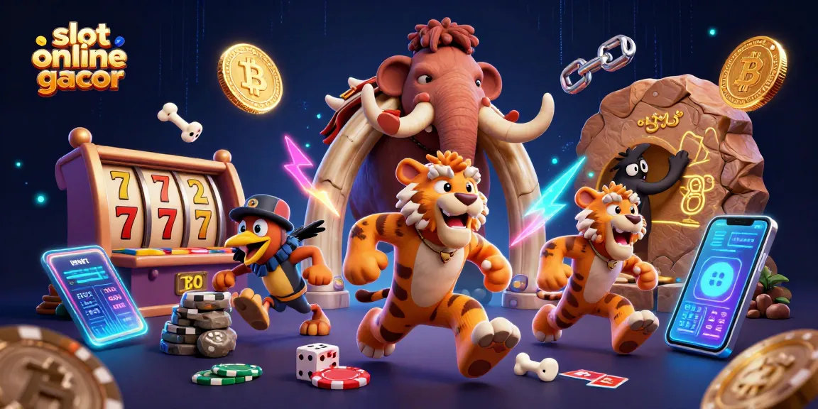 Slot online gacor mempamerkan kasino pra-sejarah dengan simbol slot, koin cryptocurrency, dan pemandangan dinamis.