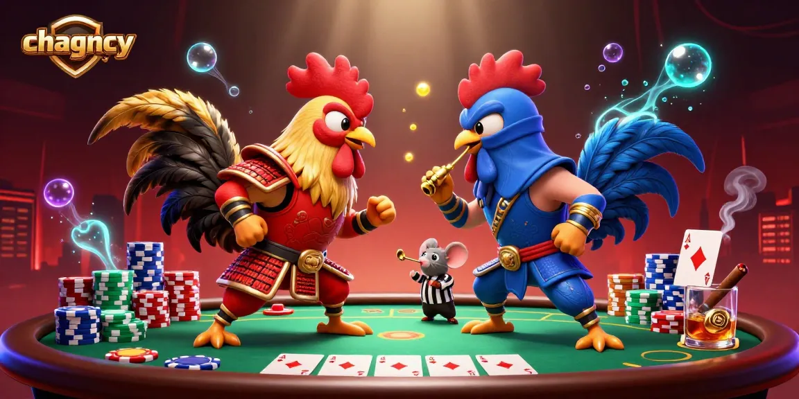 Experience thrilling action as chagency highlights a standoff between roosters in a vibrant casino setting.