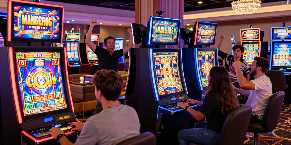 Players enjoying bonus buy slots in a lively casino atmosphere, celebrating gaming wins.