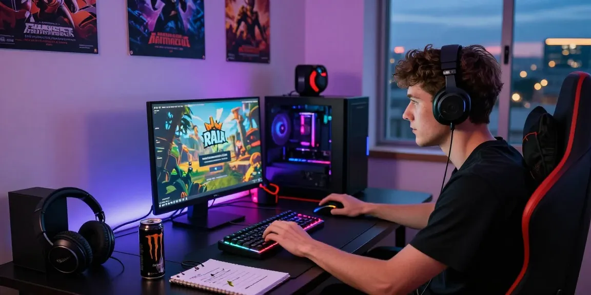 Raja Game login screen displayed on a gaming laptop with accessories in a vibrant room