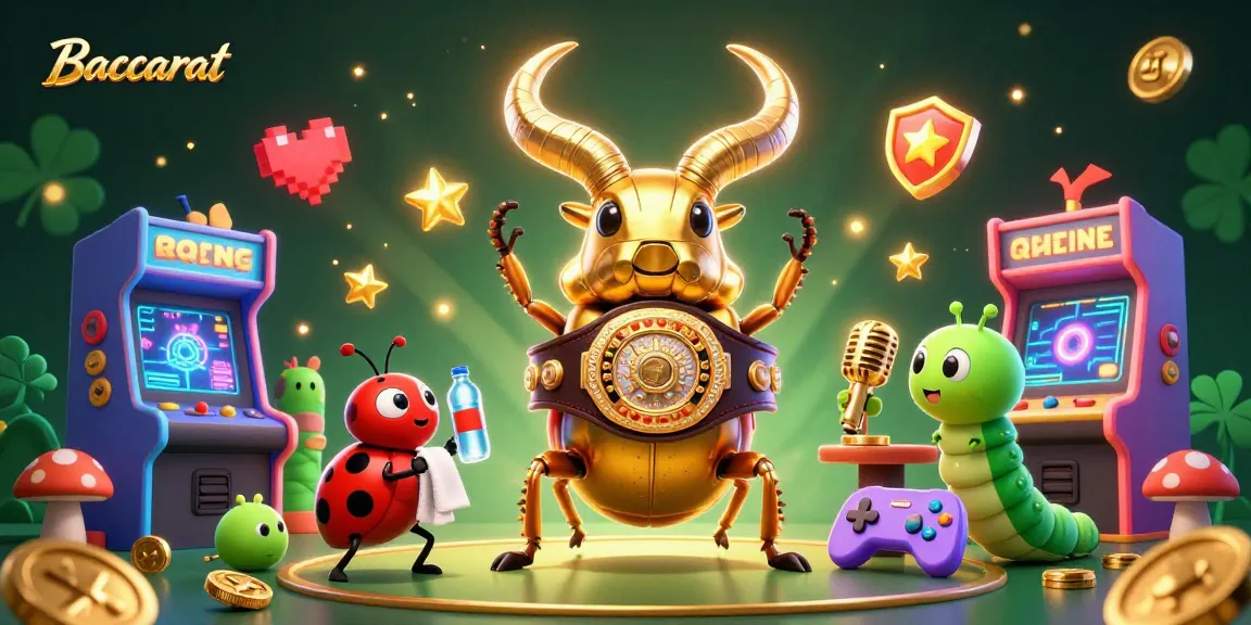 Baccarat scene featuring a giant golden beetle and ladybug in a lively casino with glowing game elements.