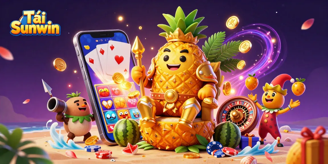Tải Sunwin with a cartoon pineapple king and vibrant casino elements in a dynamic 3D scene.